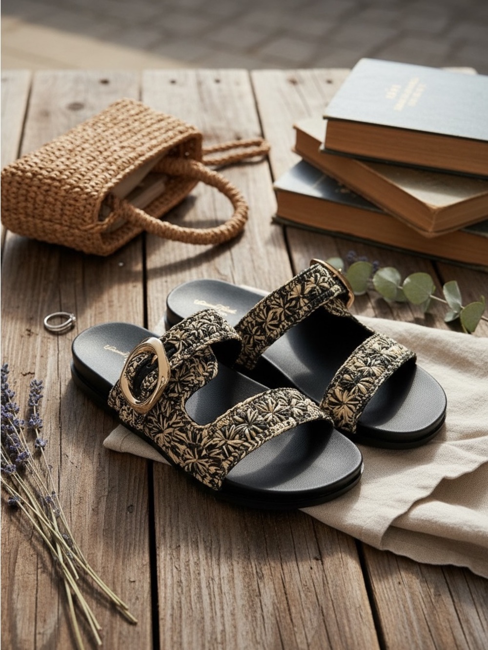 Universal Thread Black & Gold Embroidered Double-Strap Slide Sandals